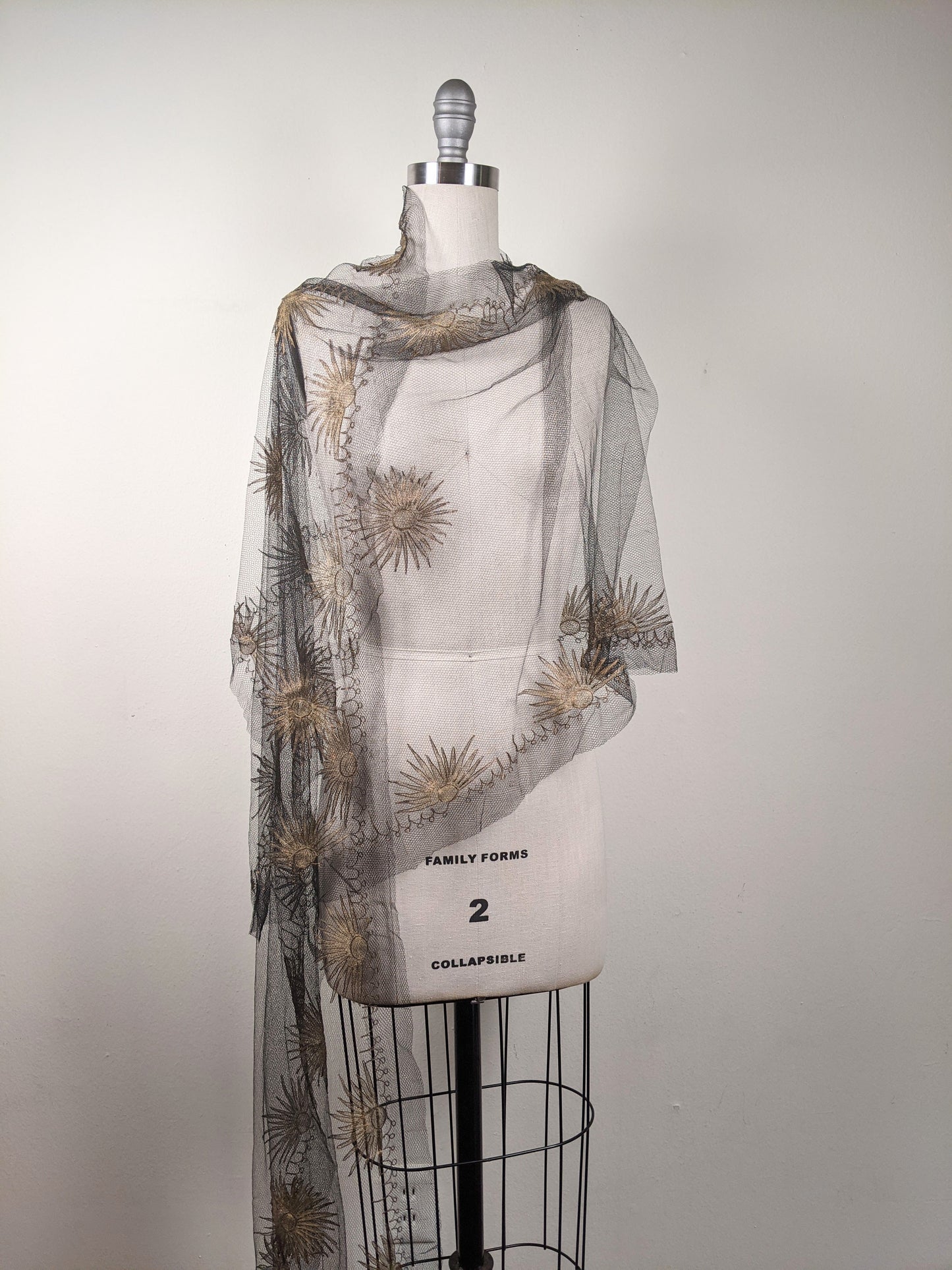1920s Black + Gold Metallic Embroidered Sun Shawl