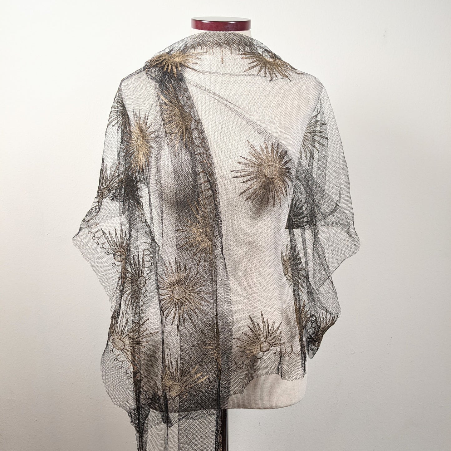 1920s Black + Gold Metallic Embroidered Sun Shawl