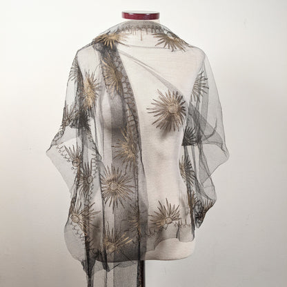 1920s Black + Gold Metallic Embroidered Sun Shawl