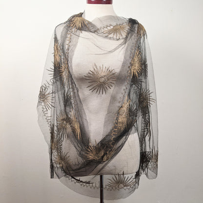 1920s Black + Gold Metallic Embroidered Sun Shawl