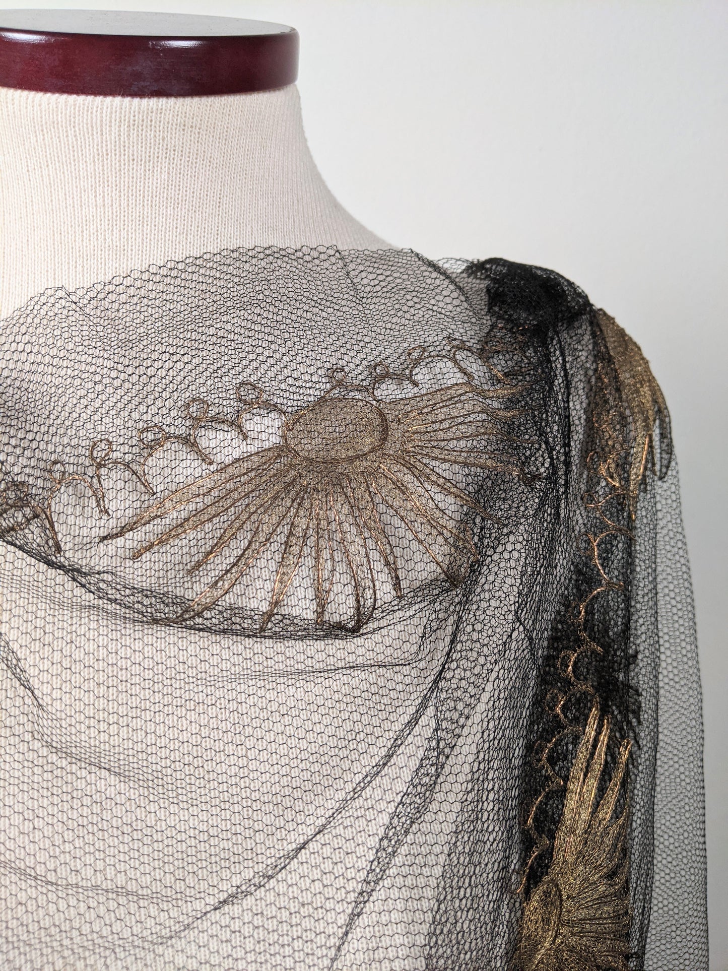 1920s Black + Gold Metallic Embroidered Sun Shawl