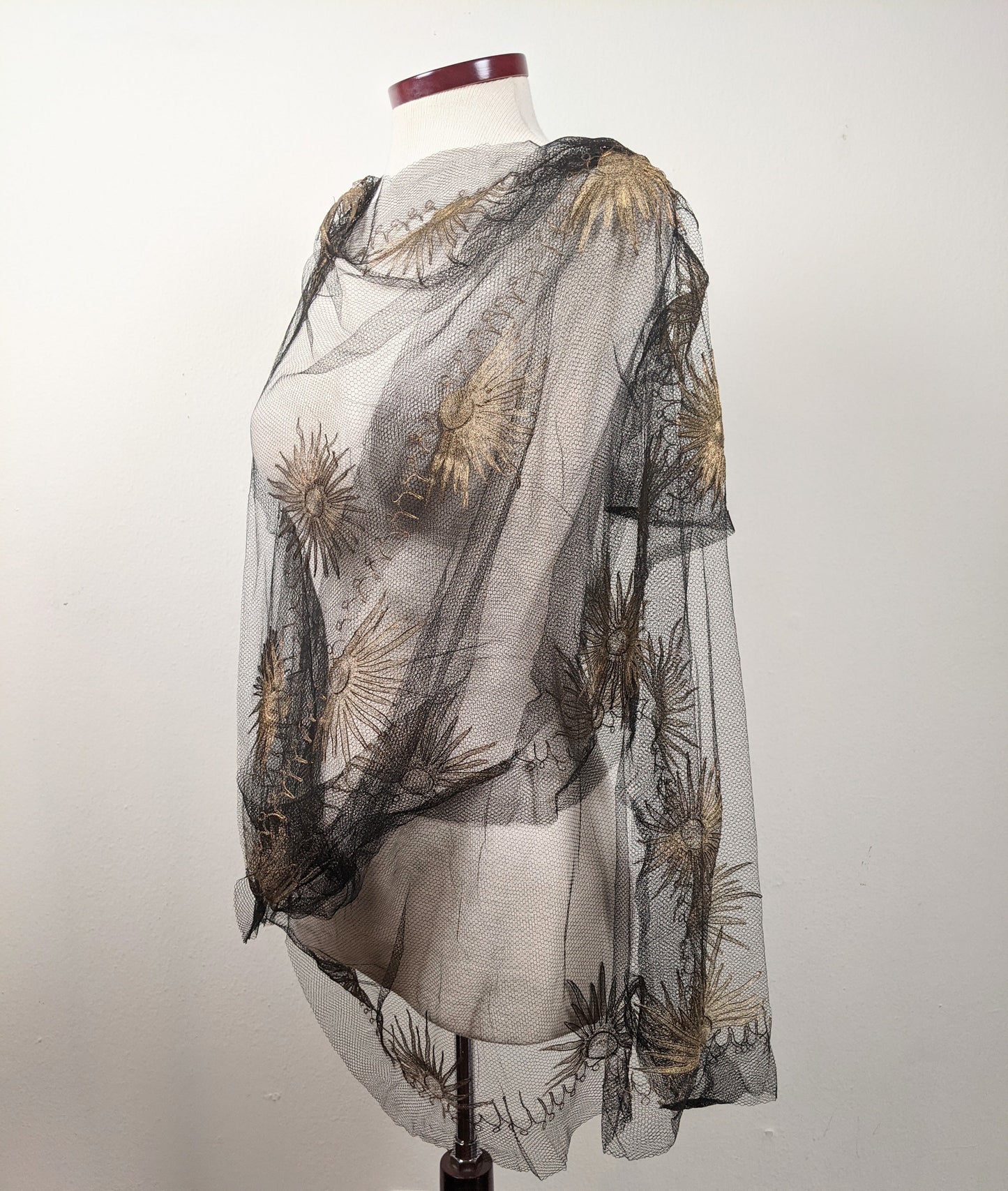 1920s Black + Gold Metallic Embroidered Sun Shawl
