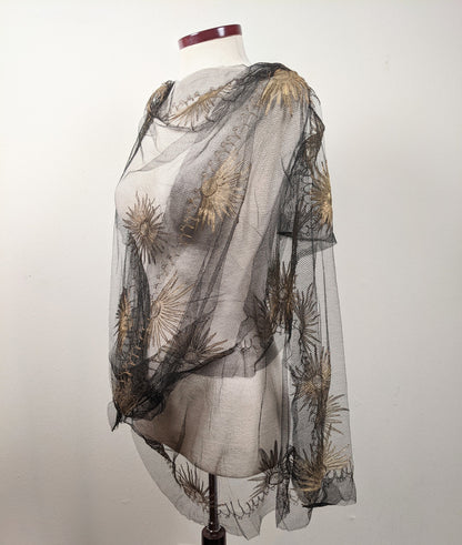 1920s Black + Gold Metallic Embroidered Sun Shawl