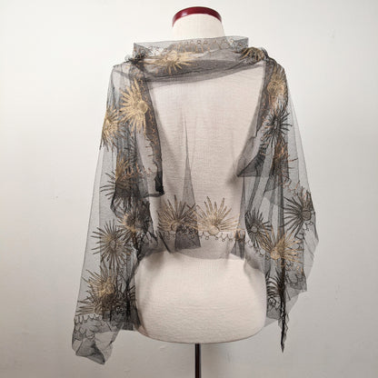 1920s Black + Gold Metallic Embroidered Sun Shawl