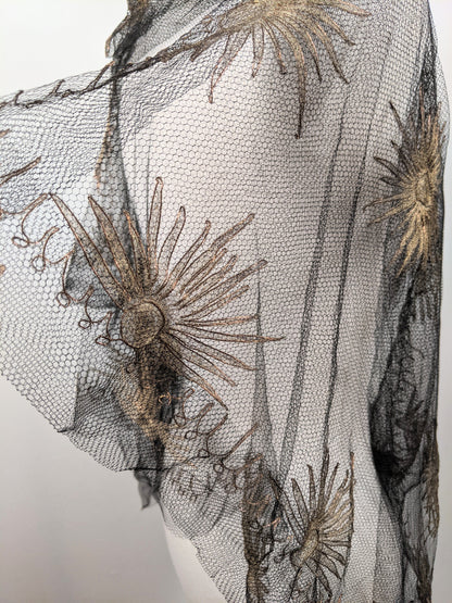 1920s Black + Gold Metallic Embroidered Sun Shawl
