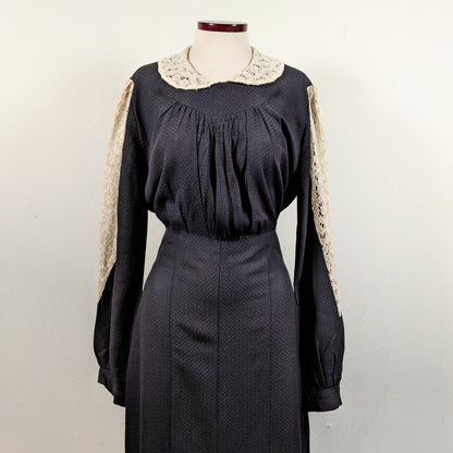 1930s Black Rayon + Lace Dress