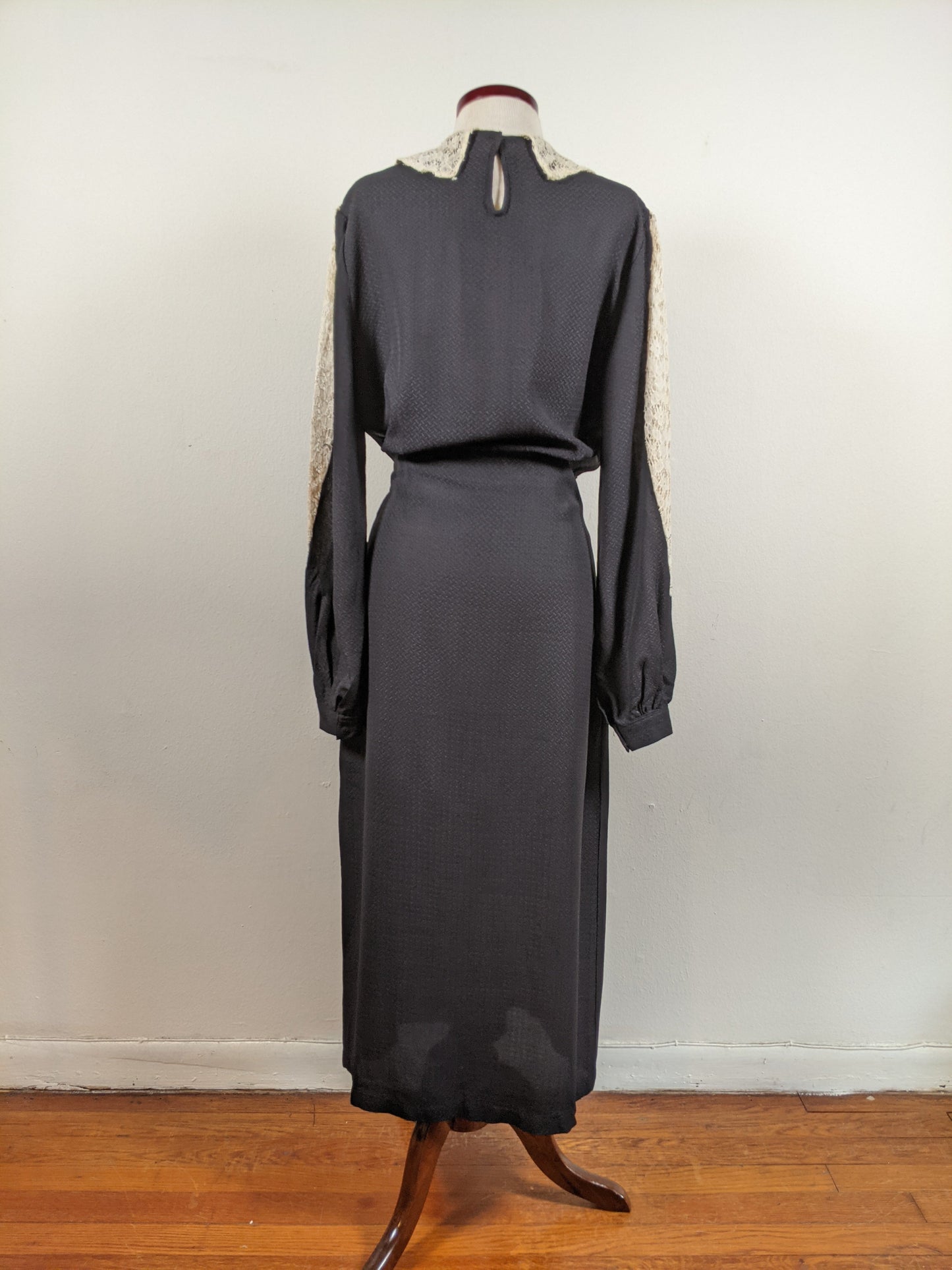 1930s Black Rayon + Lace Dress