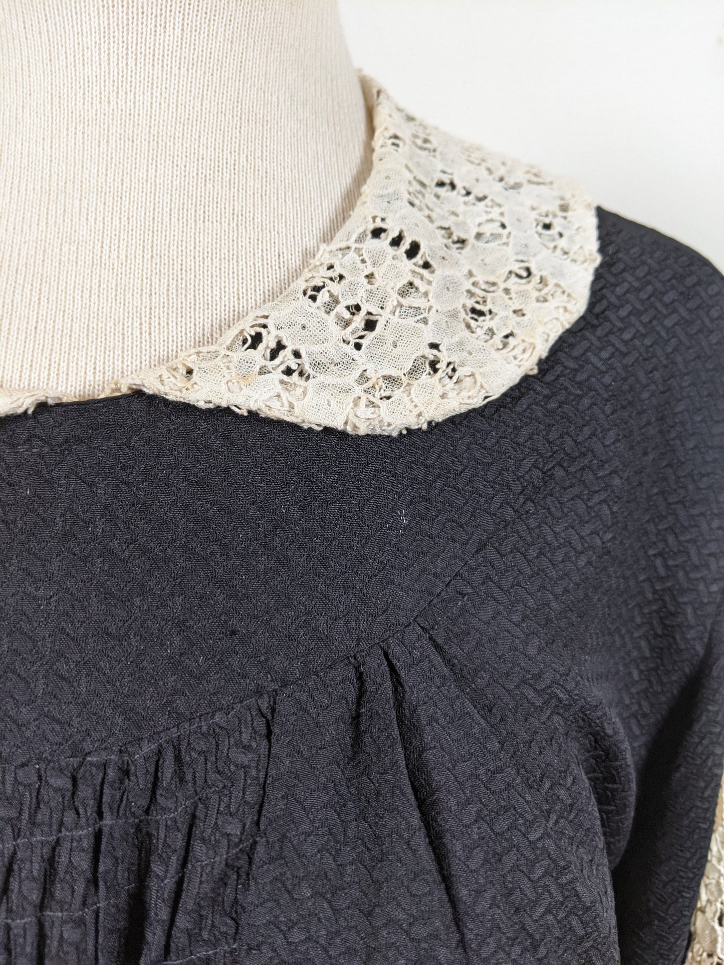 1930s Black Rayon + Lace Dress