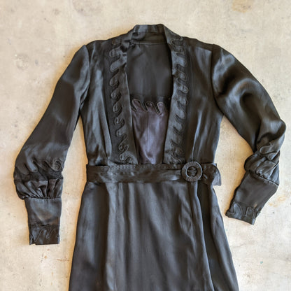 1930s Inky Black Silk Dress | XS-S