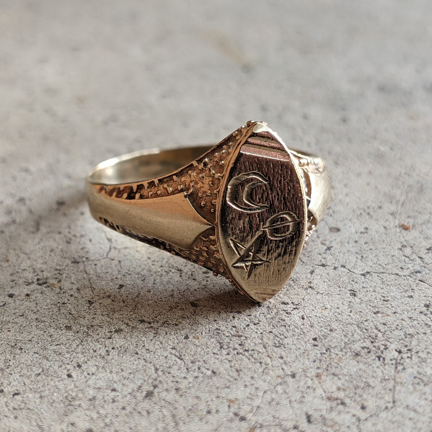 14k Gold Celestial Signet Ring c. Turn of the Century