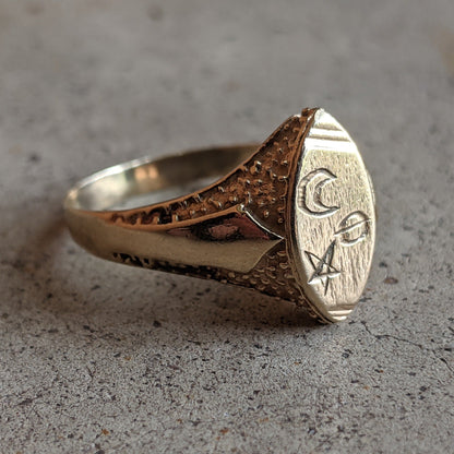 14k Gold Celestial Signet Ring c. Turn of the Century