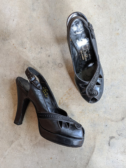 1940s Black Platform Peep Toe Heels | Sz 6N