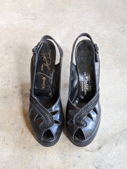 1940s Black Platform Peep Toe Heels | Sz 6N