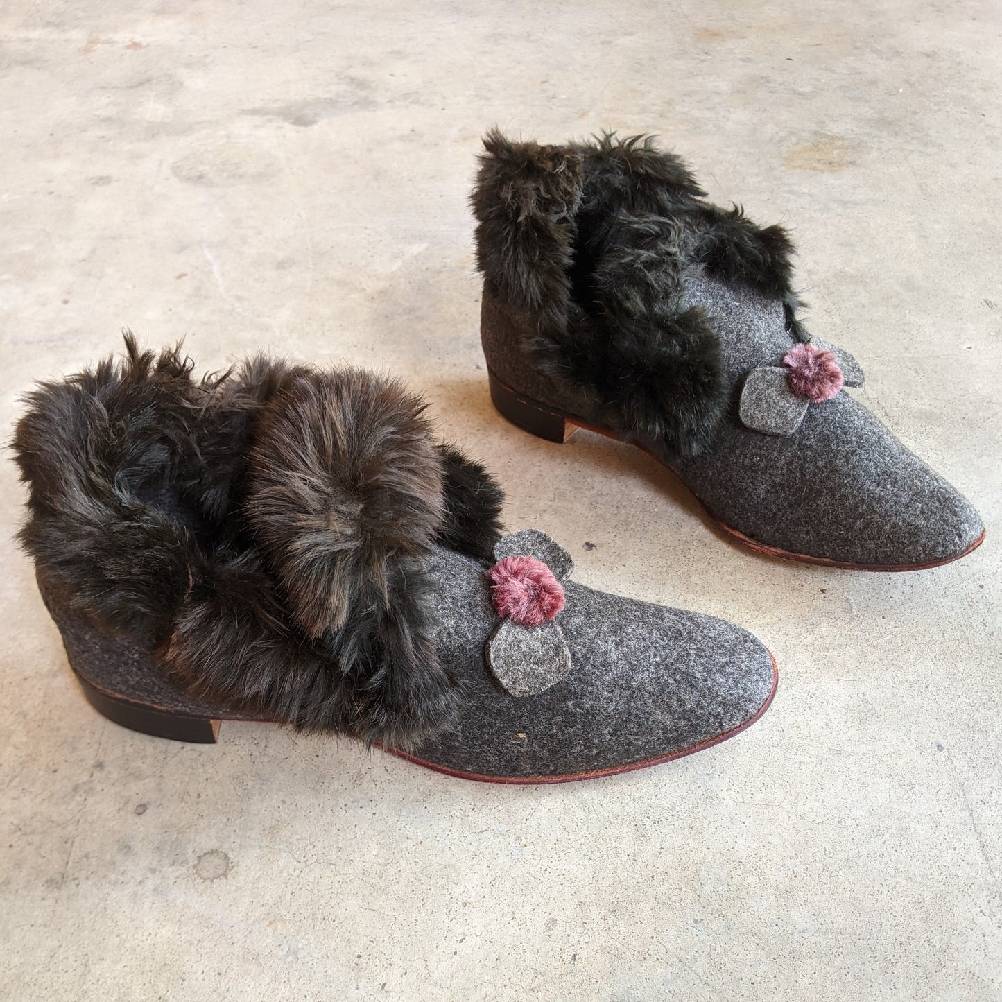 c. 1890s-1900s Felt + Fur Slippers