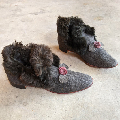 c. 1890s-1900s Felt + Fur Slippers