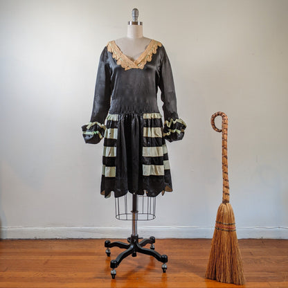 1920s Black + Green Striped Silk Dress