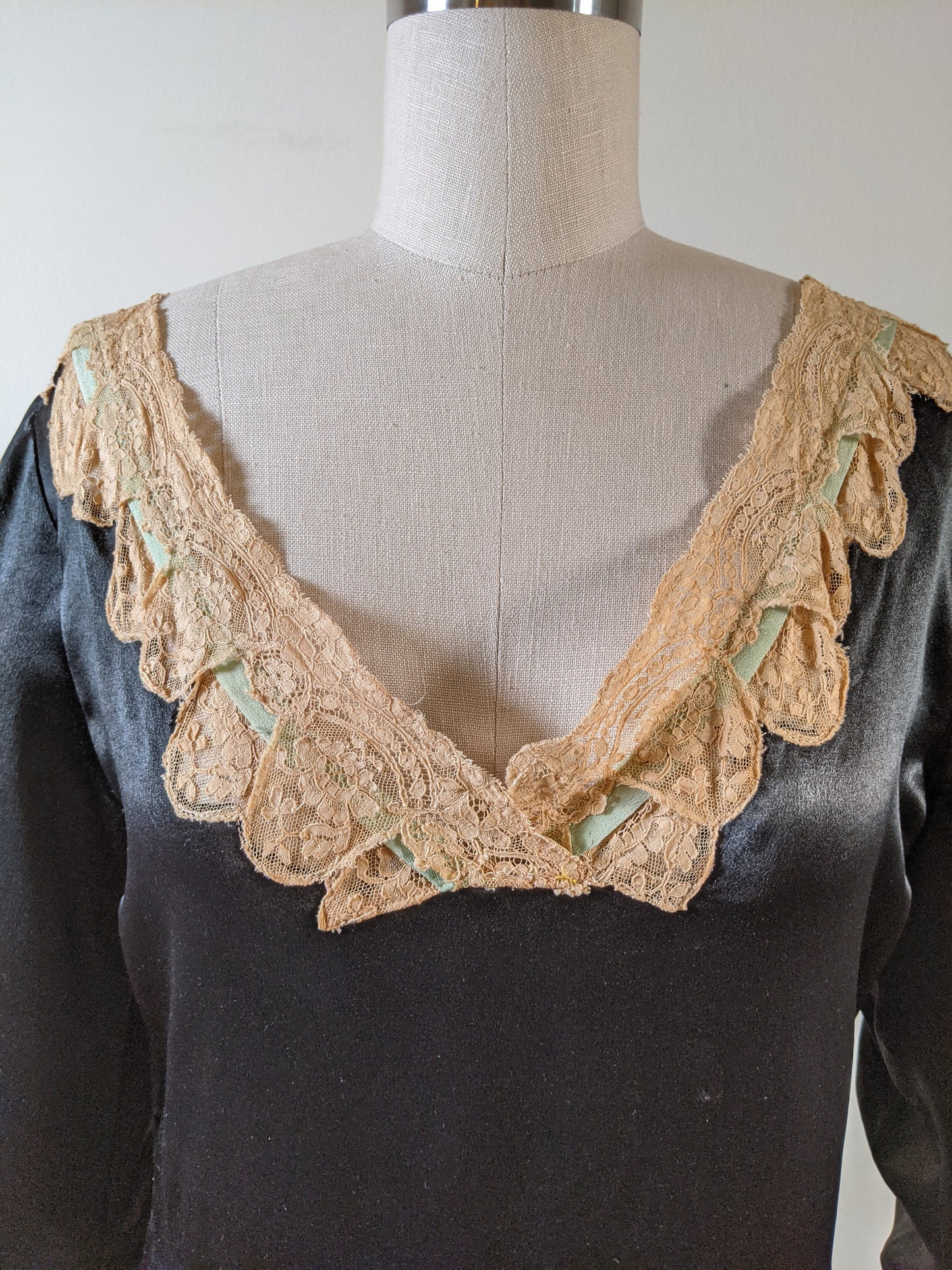 1920s Black + Green Striped Silk Dress