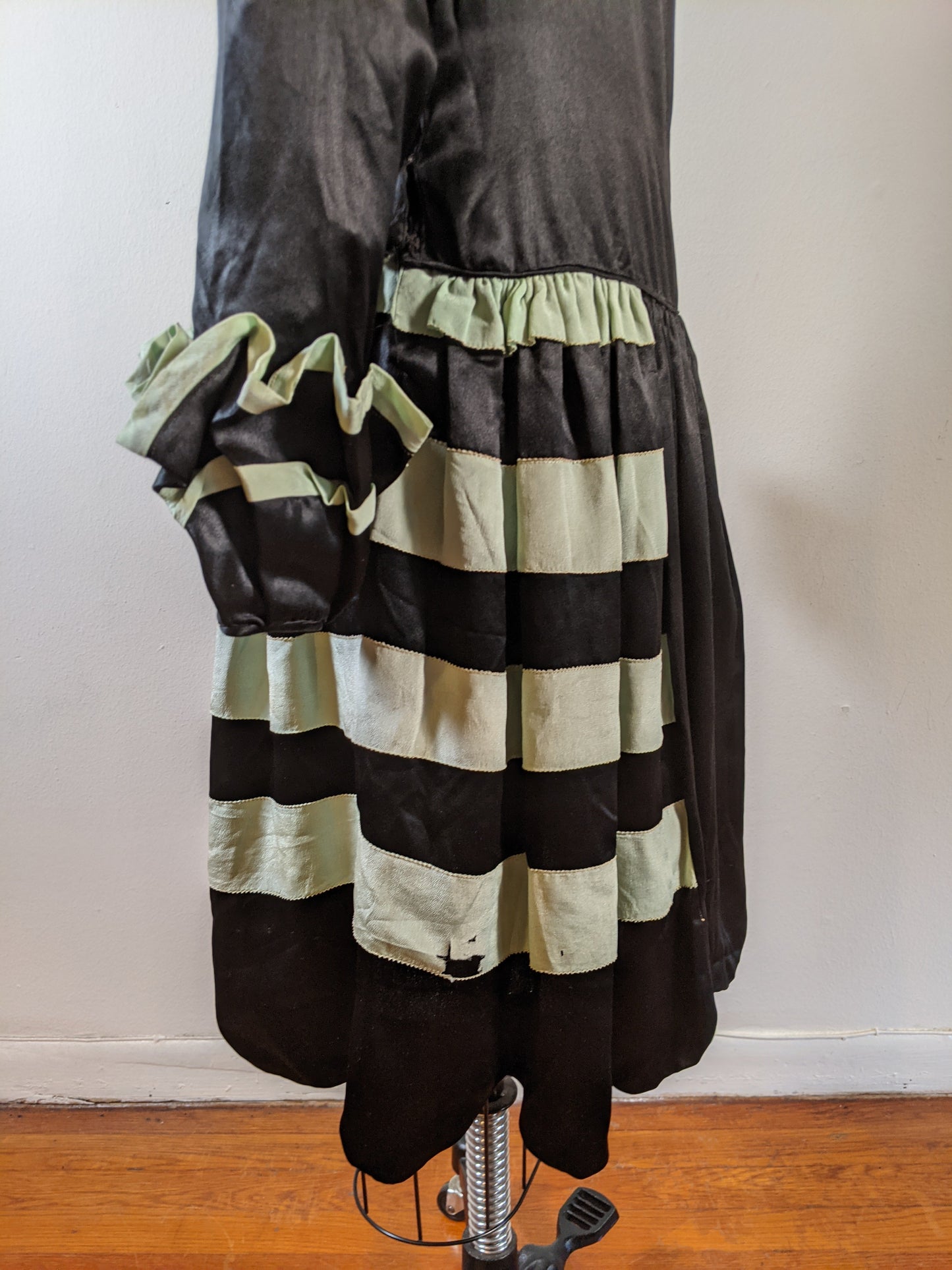 1920s Black + Green Striped Silk Dress