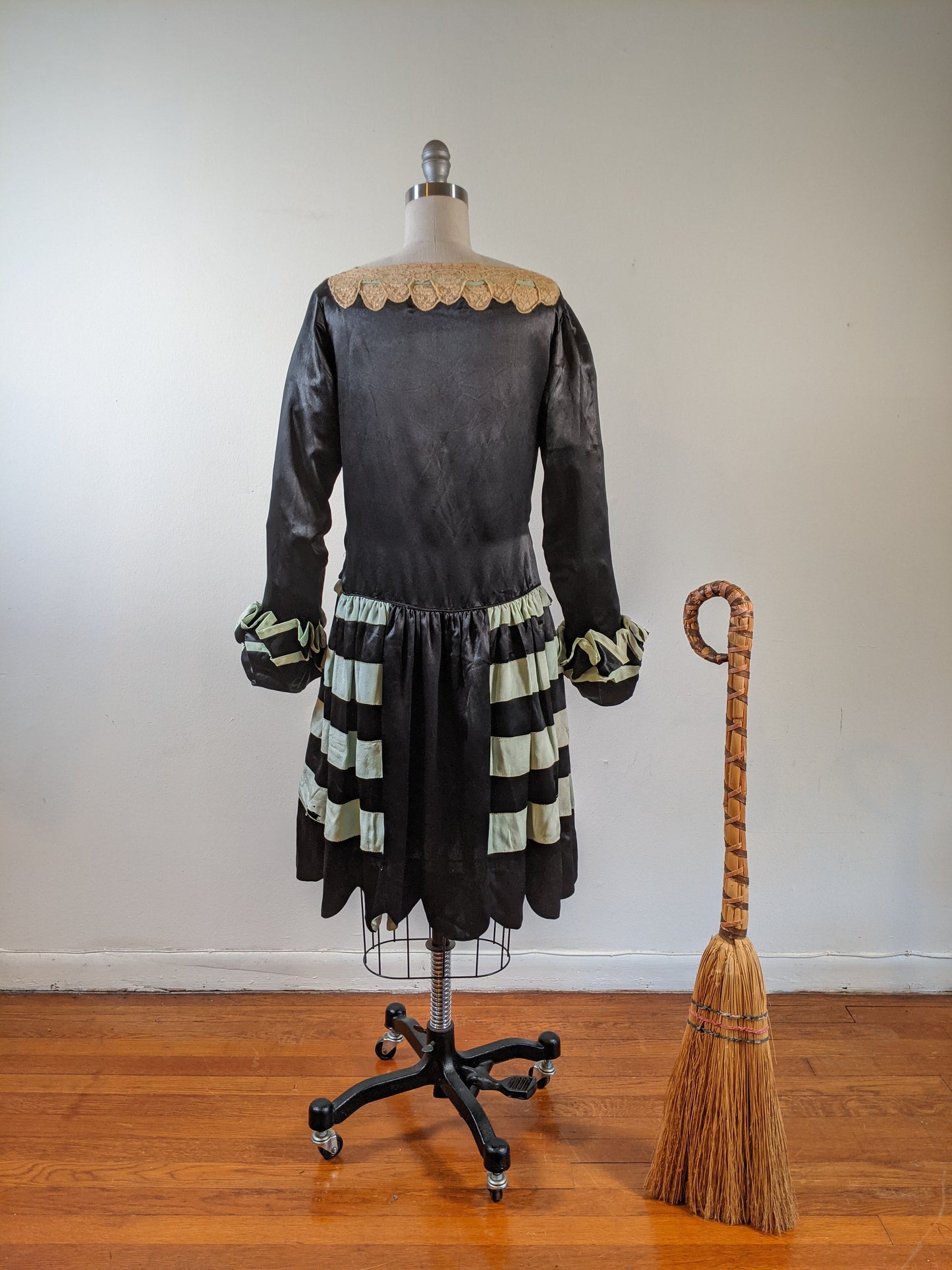 1920s Black + Green Striped Silk Dress