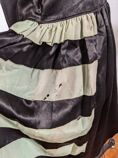 1920s Black + Green Striped Silk Dress
