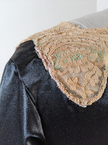 1920s Black + Green Striped Silk Dress