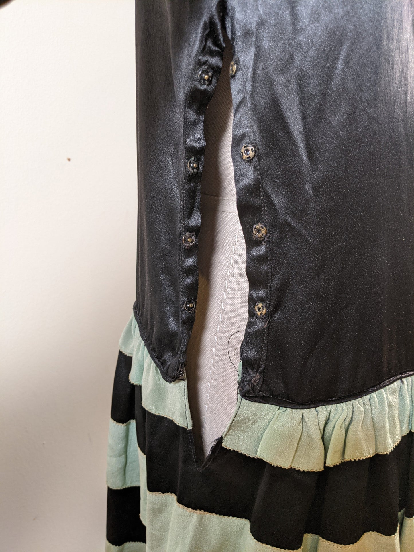 1920s Black + Green Striped Silk Dress