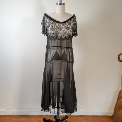 1920s Black Silk Chiffon + Lace Dress