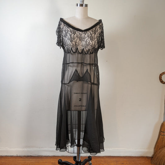 1920s Black Silk Chiffon + Lace Dress
