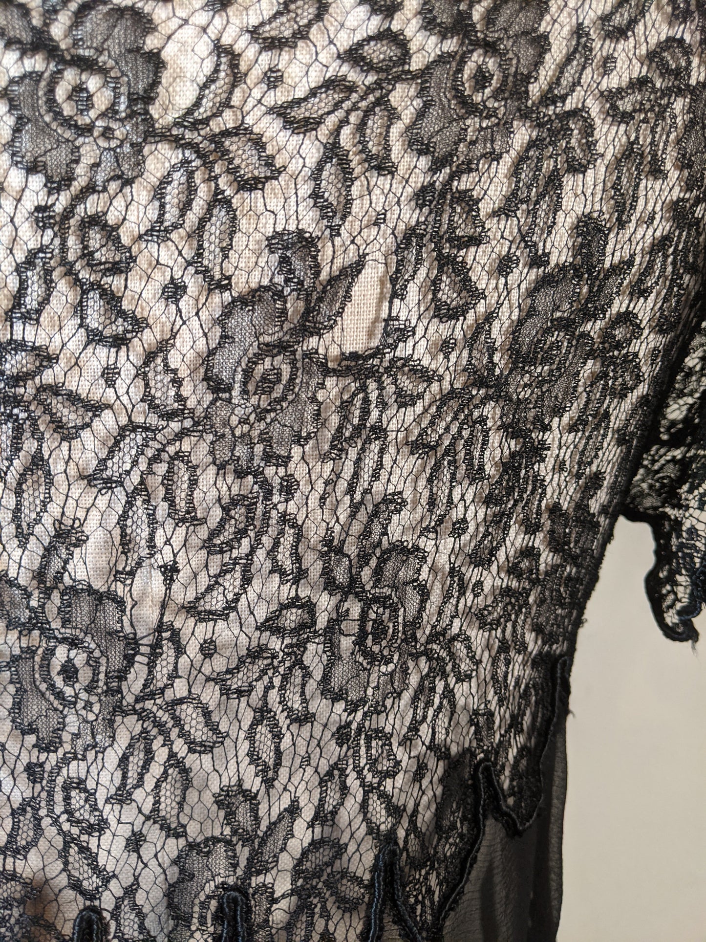 1920s Black Silk Chiffon + Lace Dress