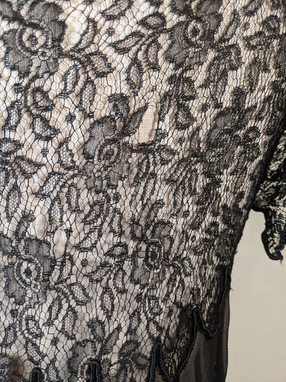 1920s Black Silk Chiffon + Lace Dress