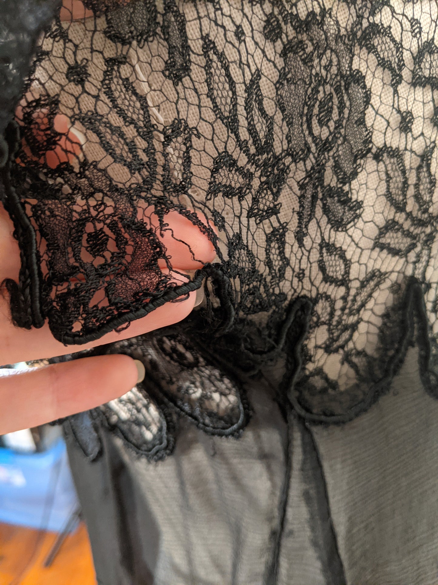 1920s Black Silk Chiffon + Lace Dress