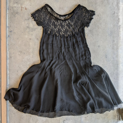 1920s Black Silk Chiffon + Lace Dress