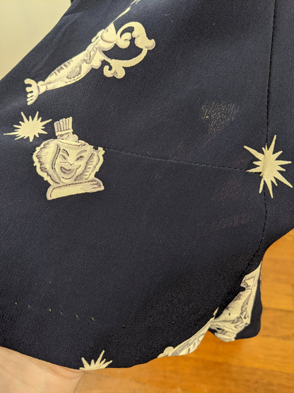 1940s Novelty Print Rayon Dress