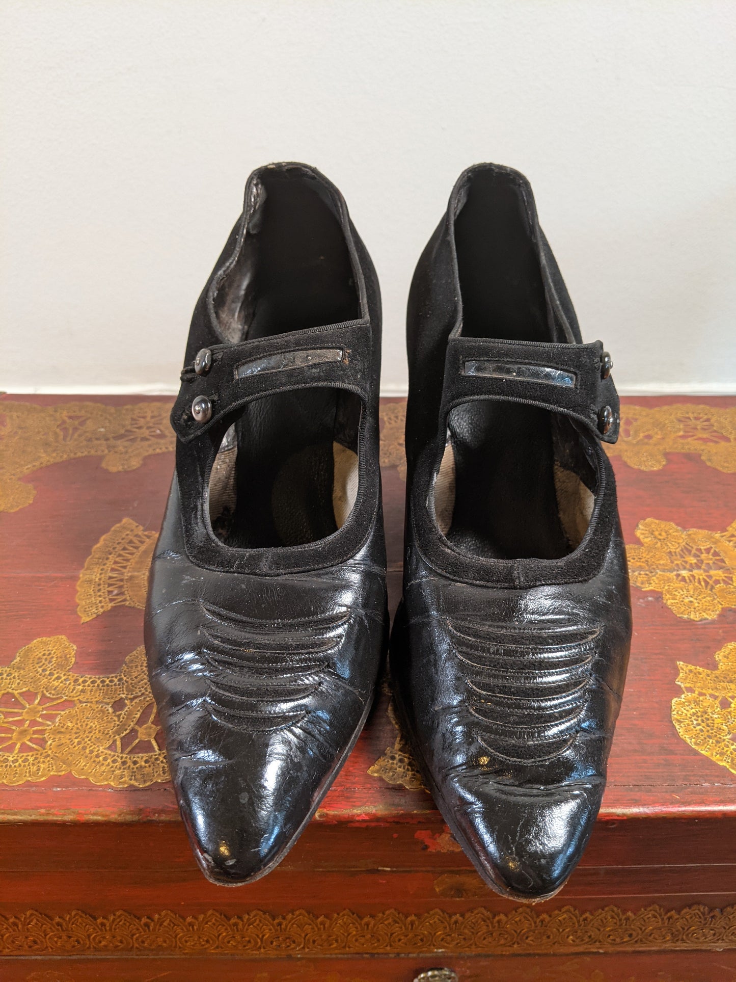 c. 1910s-1920s Black Suede Heels | Approx Sz 8
