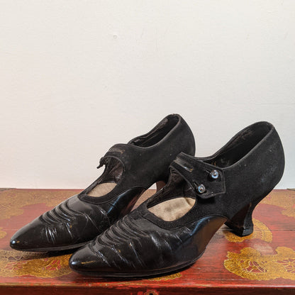 c. 1910s-1920s Black Suede Heels | Approx Sz 8