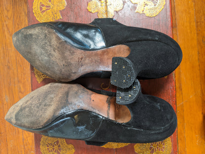 c. 1910s-1920s Black Suede Heels | Approx Sz 8