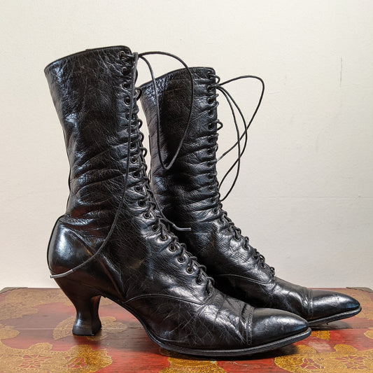 c. 1910s-1920s Black Lace Up Boots | Approx Sz 7