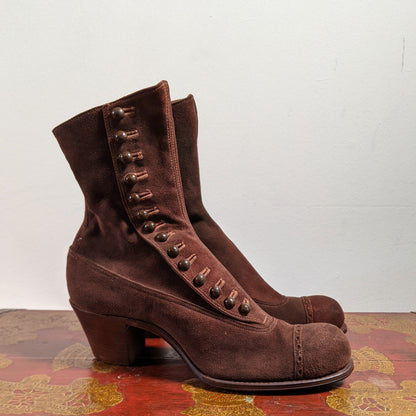 Early 1910s Brown Suede Side Button Boots | Approx Sz 5