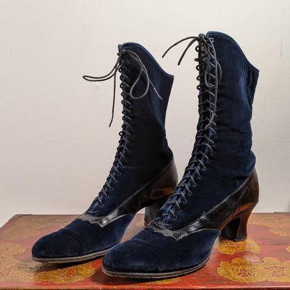 1910s-1920s Blue Velveteen Boots | Approx Sz 7.5-8