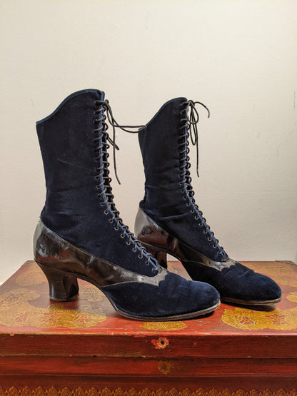 1910s-1920s Blue Velveteen Boots | Approx Sz 7.5-8