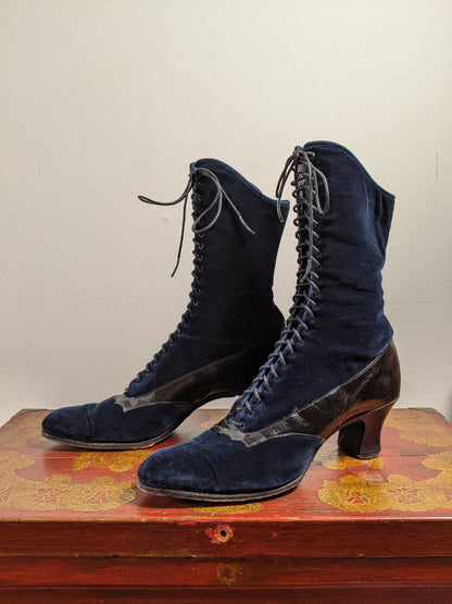 1910s-1920s Blue Velveteen Boots | Approx Sz 7.5-8