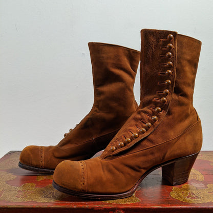 Early 1910s Brown Suede Side Button Boots | Approx Sz 5