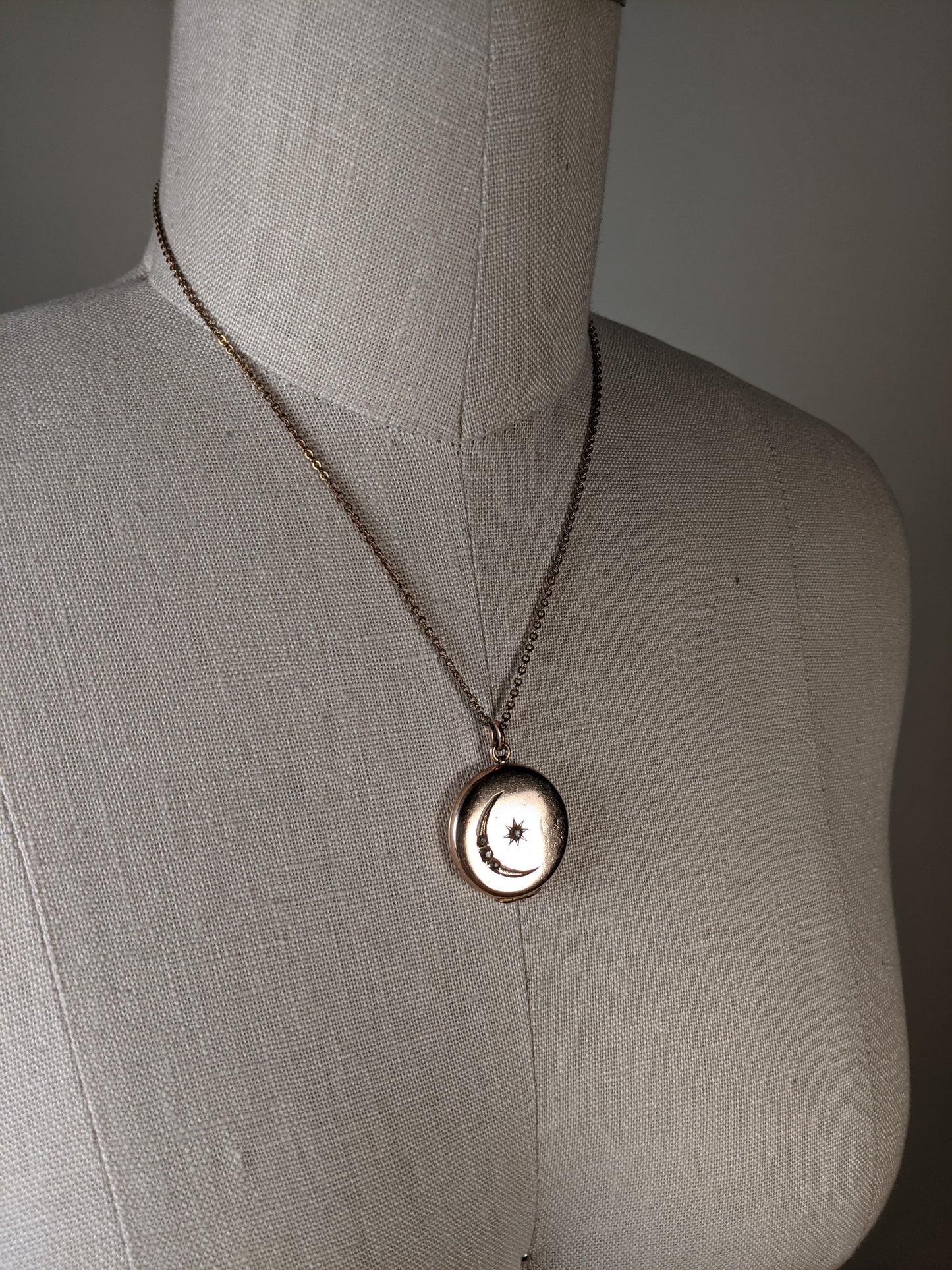 c. 1910s Moon + Star Locket and Rolo Chain
