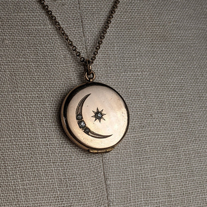 c. 1910s Moon + Star Locket and Rolo Chain