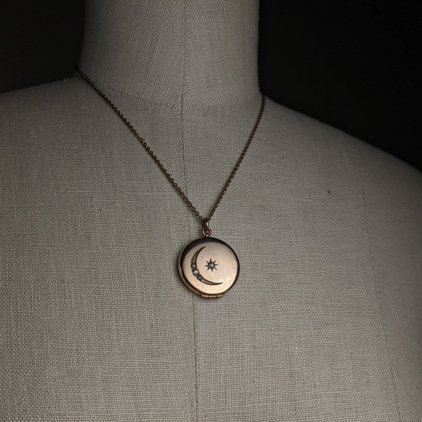 c. 1910s Moon + Star Locket and Rolo Chain