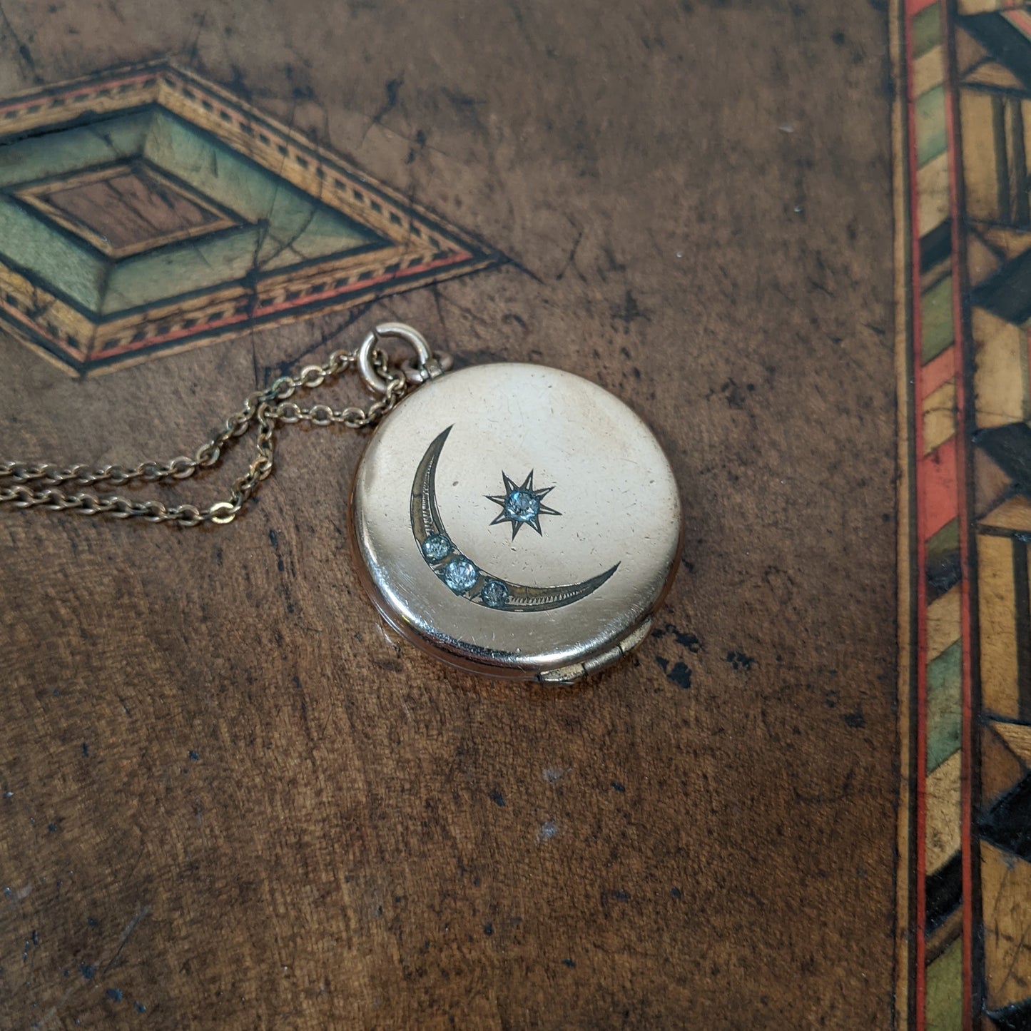 c. 1910s Moon + Star Locket and Rolo Chain