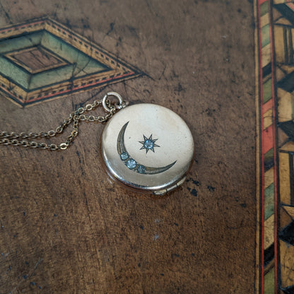 c. 1910s Moon + Star Locket and Rolo Chain