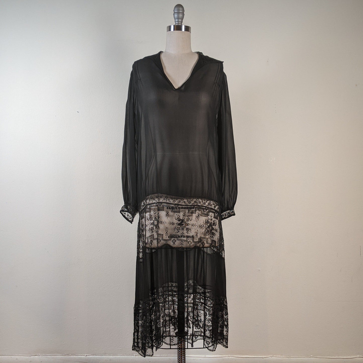 1920s Sheer Black Chiffon + Lace Dress