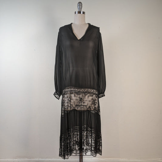 1920s Sheer Black Chiffon + Lace Dress