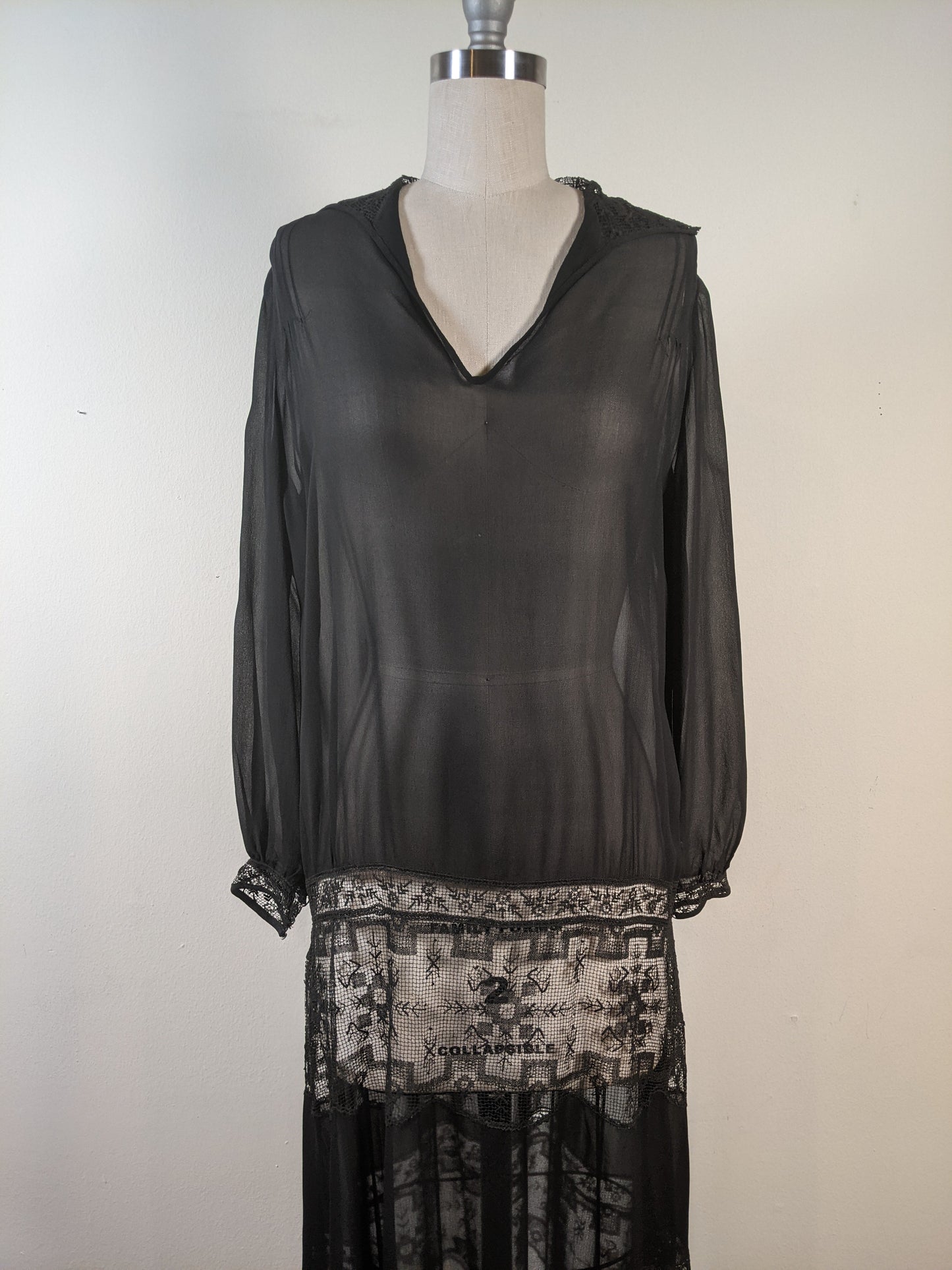 1920s Sheer Black Chiffon + Lace Dress